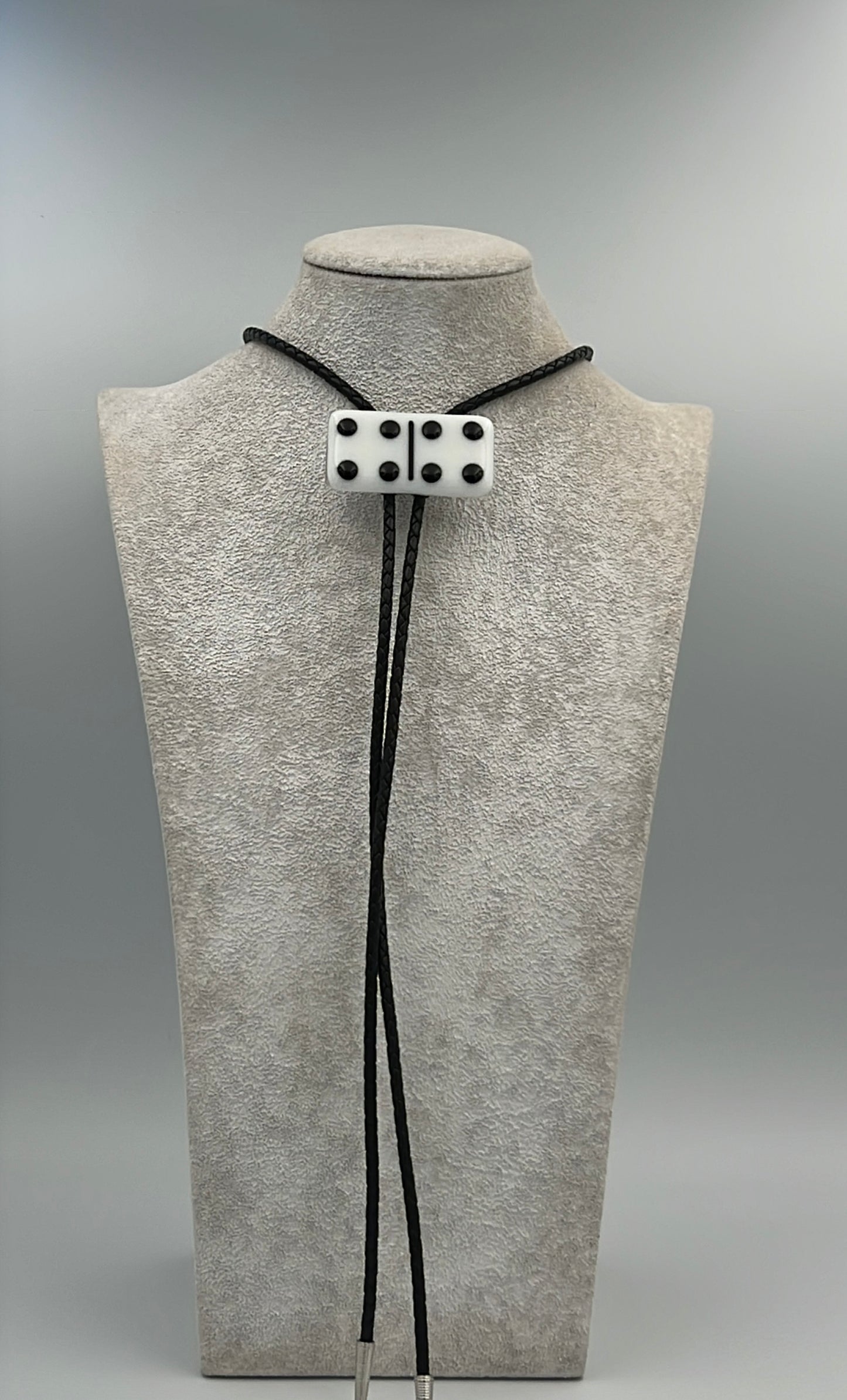 White Fused Glass Domino Bolo Tie with Black Details