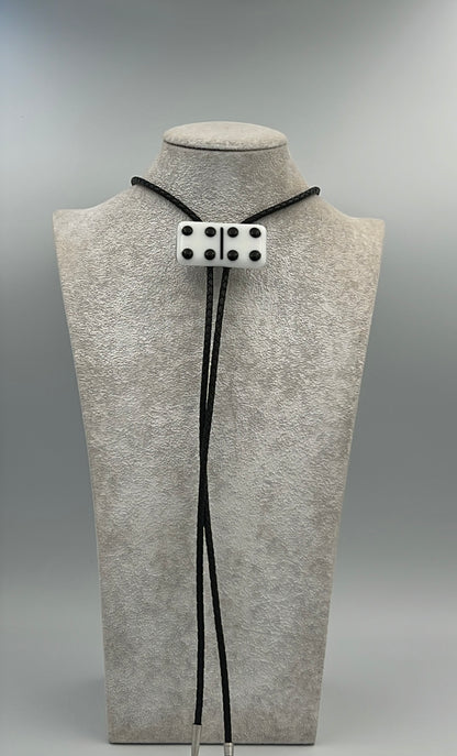 White Fused Glass Domino Bolo Tie with Black Details