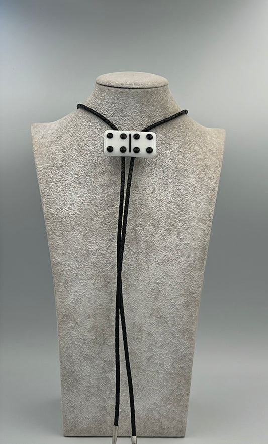 White Fused Glass Domino Bolo Tie with Black Details