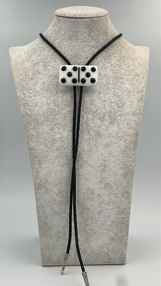White Fused Glass Domino Bolo Tie with Black Details