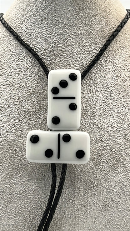 White Fused Glass Domino Bolo Tie with Black Details - 2 Piece