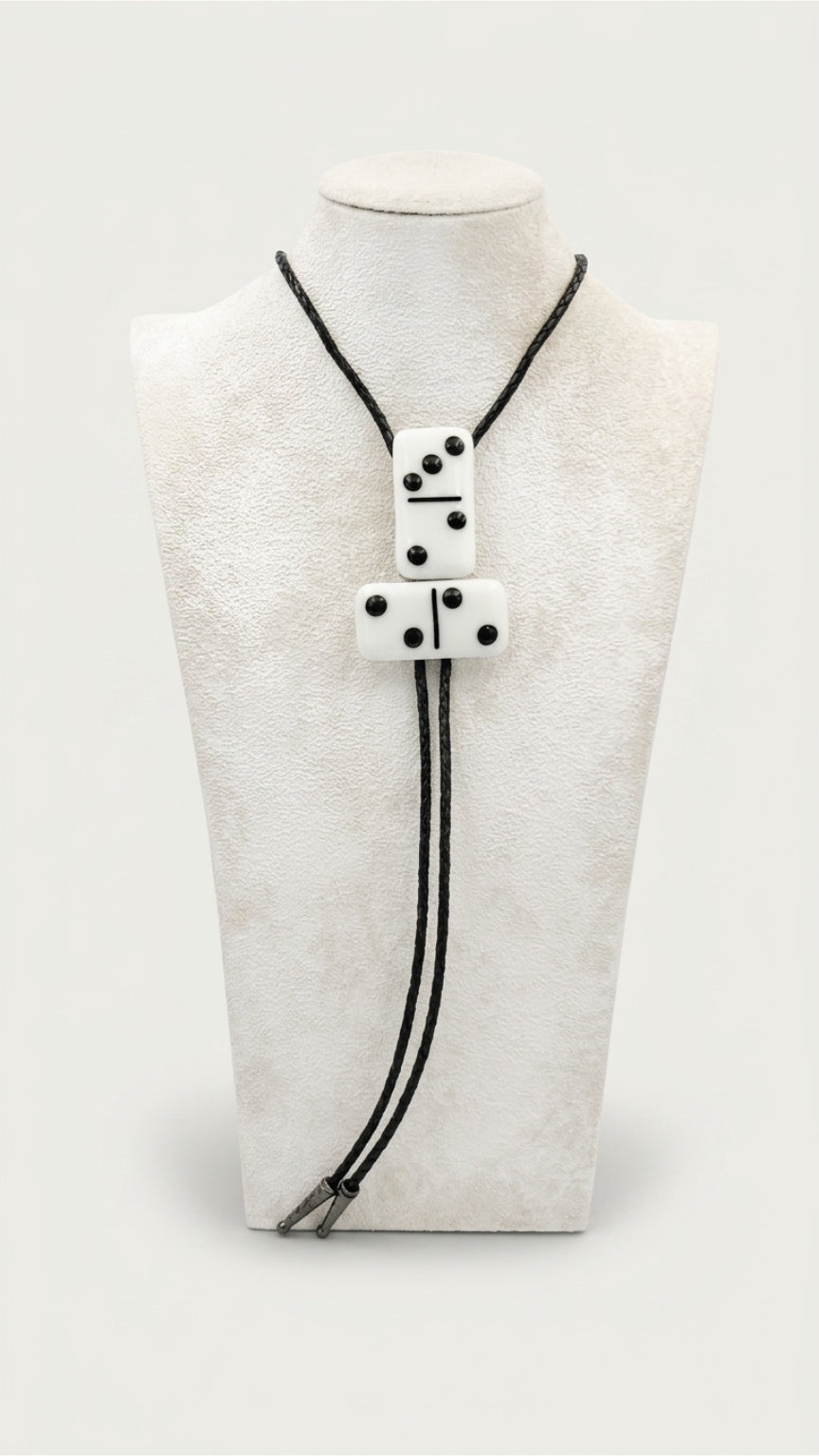 White Fused Glass Domino Bolo Tie with Black Details - 2 Piece