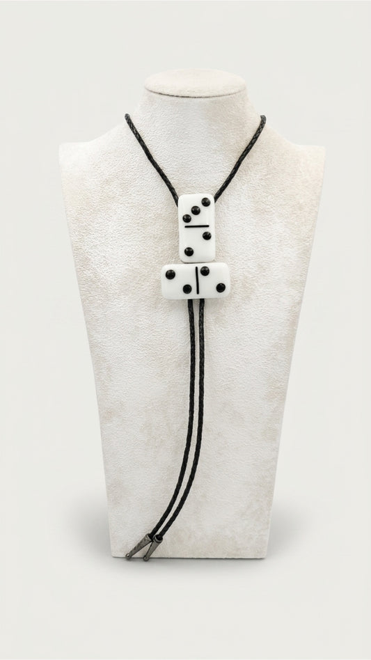 White Fused Glass Domino Bolo Tie with Black Details - 2 Piece