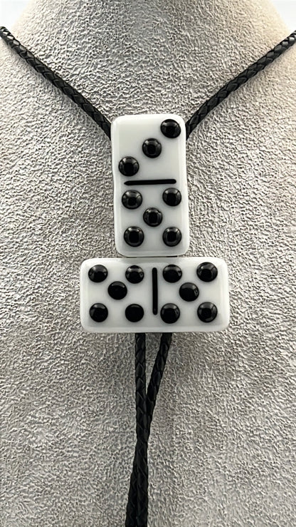 White Fused Glass Domino Bolo Tie with Black Details - 2 Piece