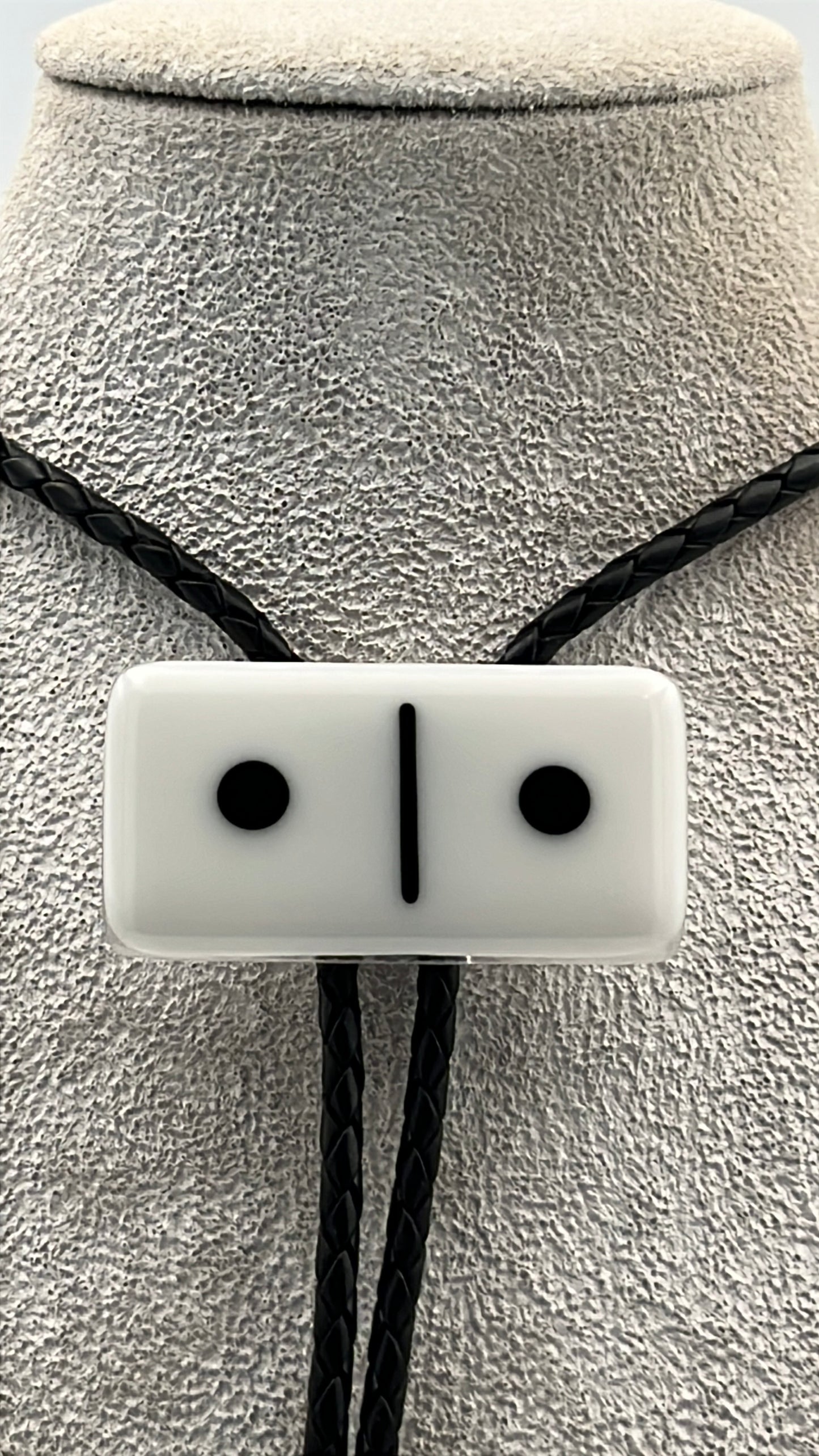 White Fused Glass Domino Bolo Tie with Black Details