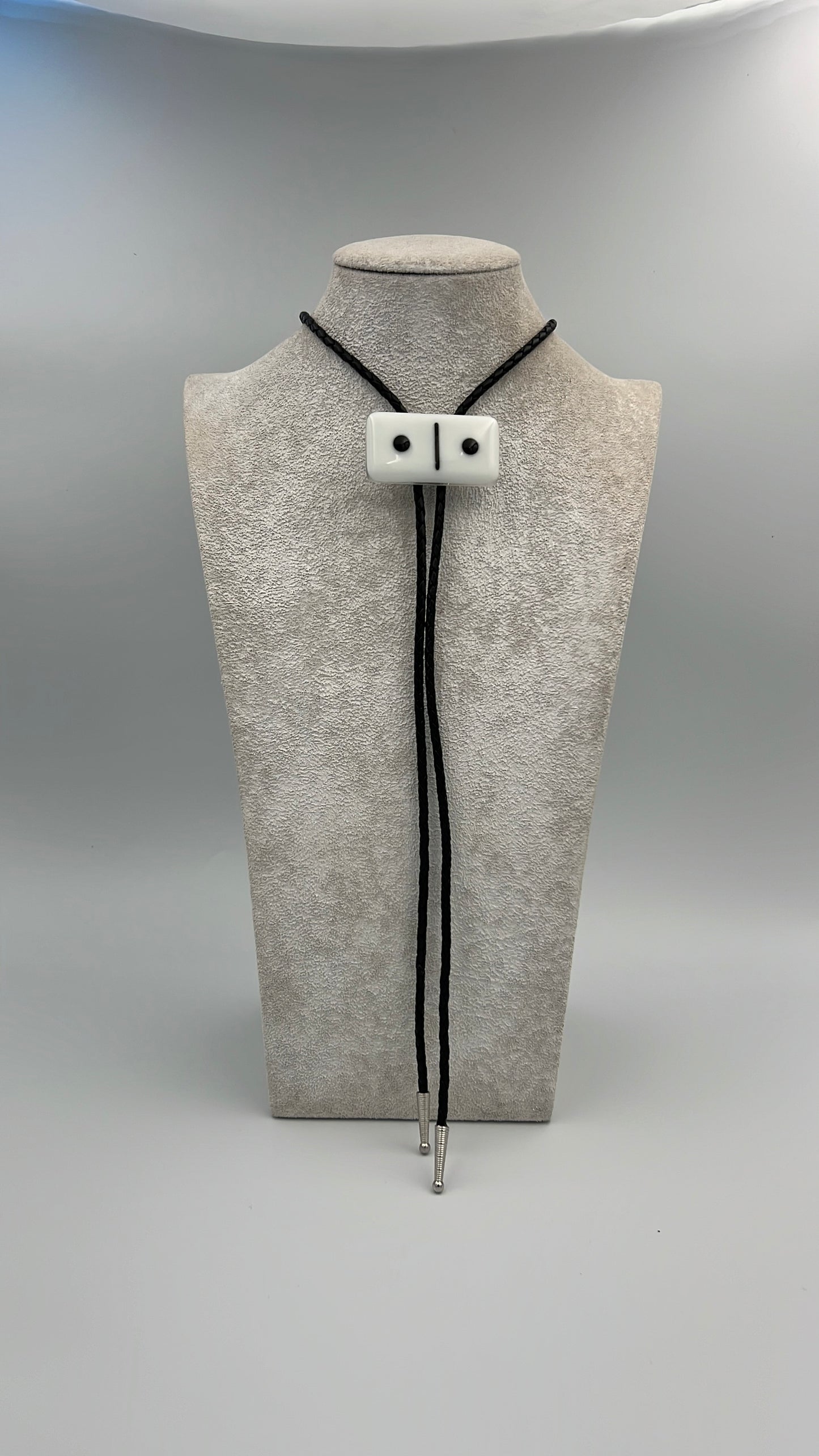 White Fused Glass Domino Bolo Tie with Black Details