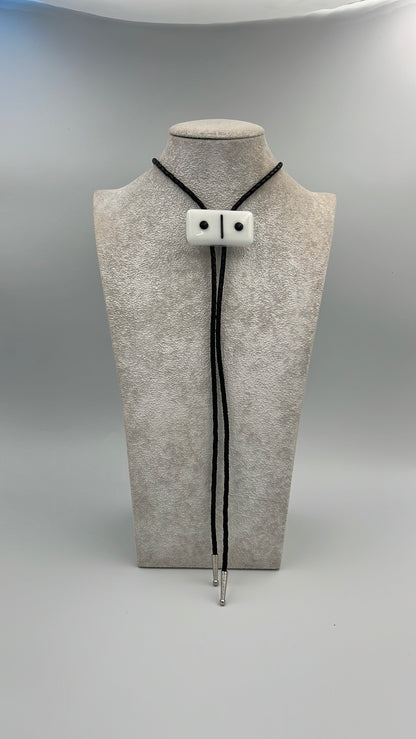 White Fused Glass Domino Bolo Tie with Black Details