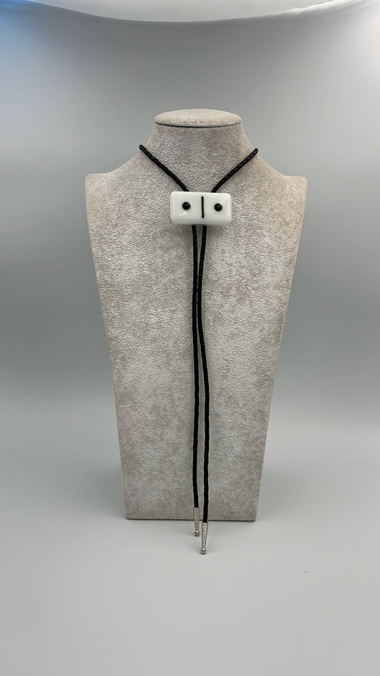 White Fused Glass Domino Bolo Tie with Black Details