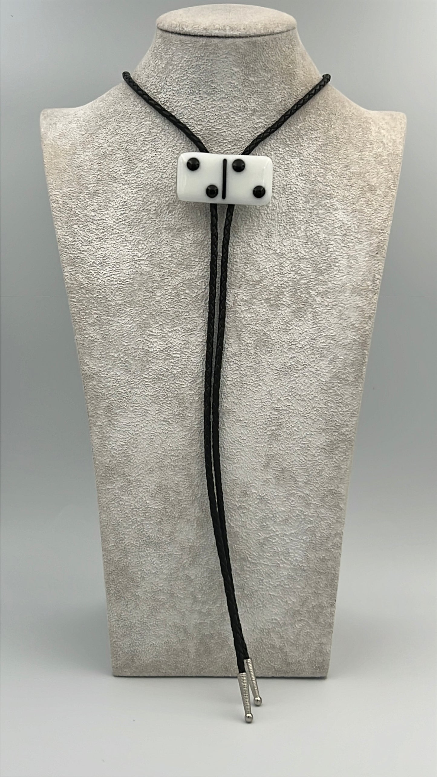 White Fused Glass Domino Bolo Tie with Black Details