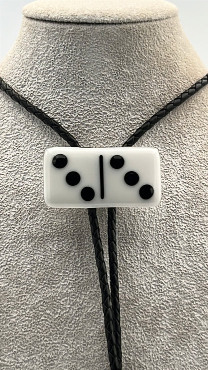 White Fused Glass Domino Bolo Tie with Black Details