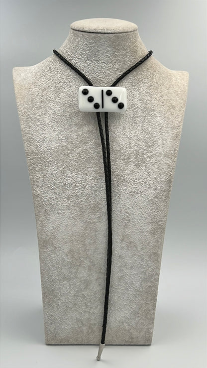 White Fused Glass Domino Bolo Tie with Black Details
