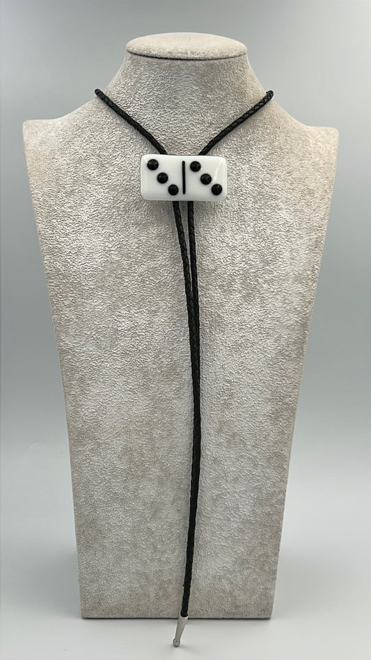 White Fused Glass Domino Bolo Tie with Black Details