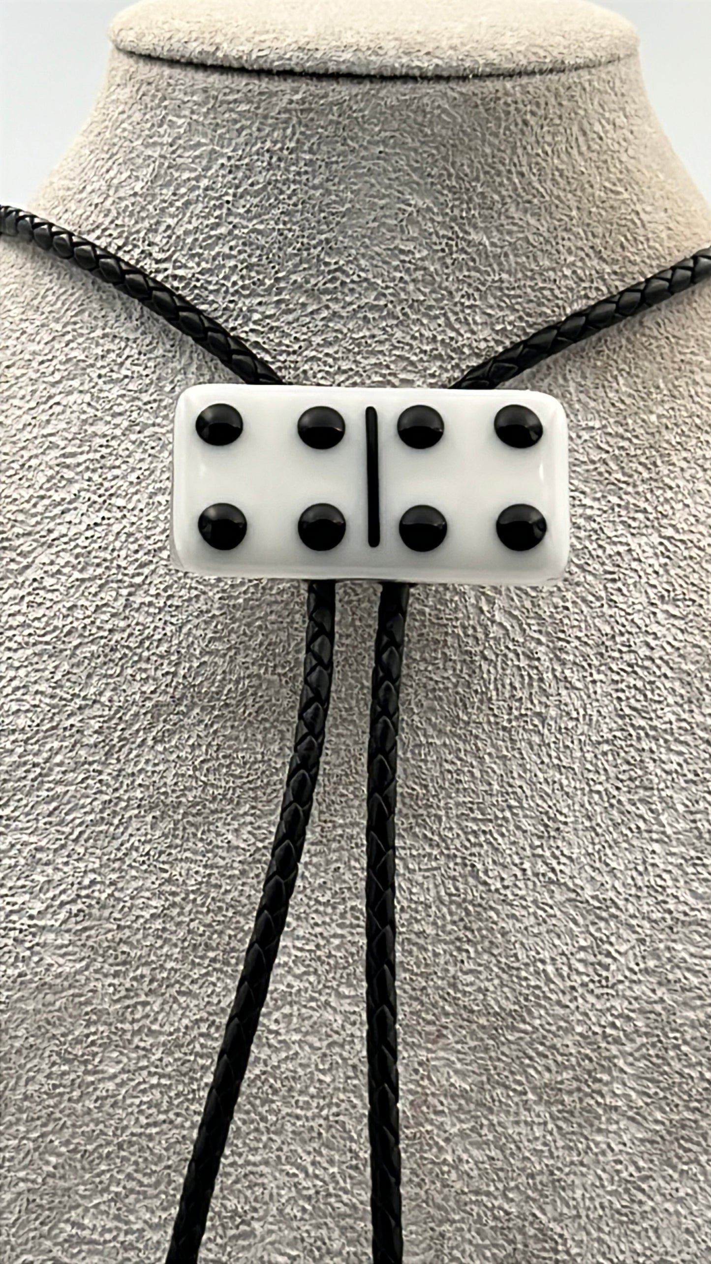 White Fused Glass Domino Bolo Tie with Black Details