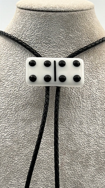 White Fused Glass Domino Bolo Tie with Black Details
