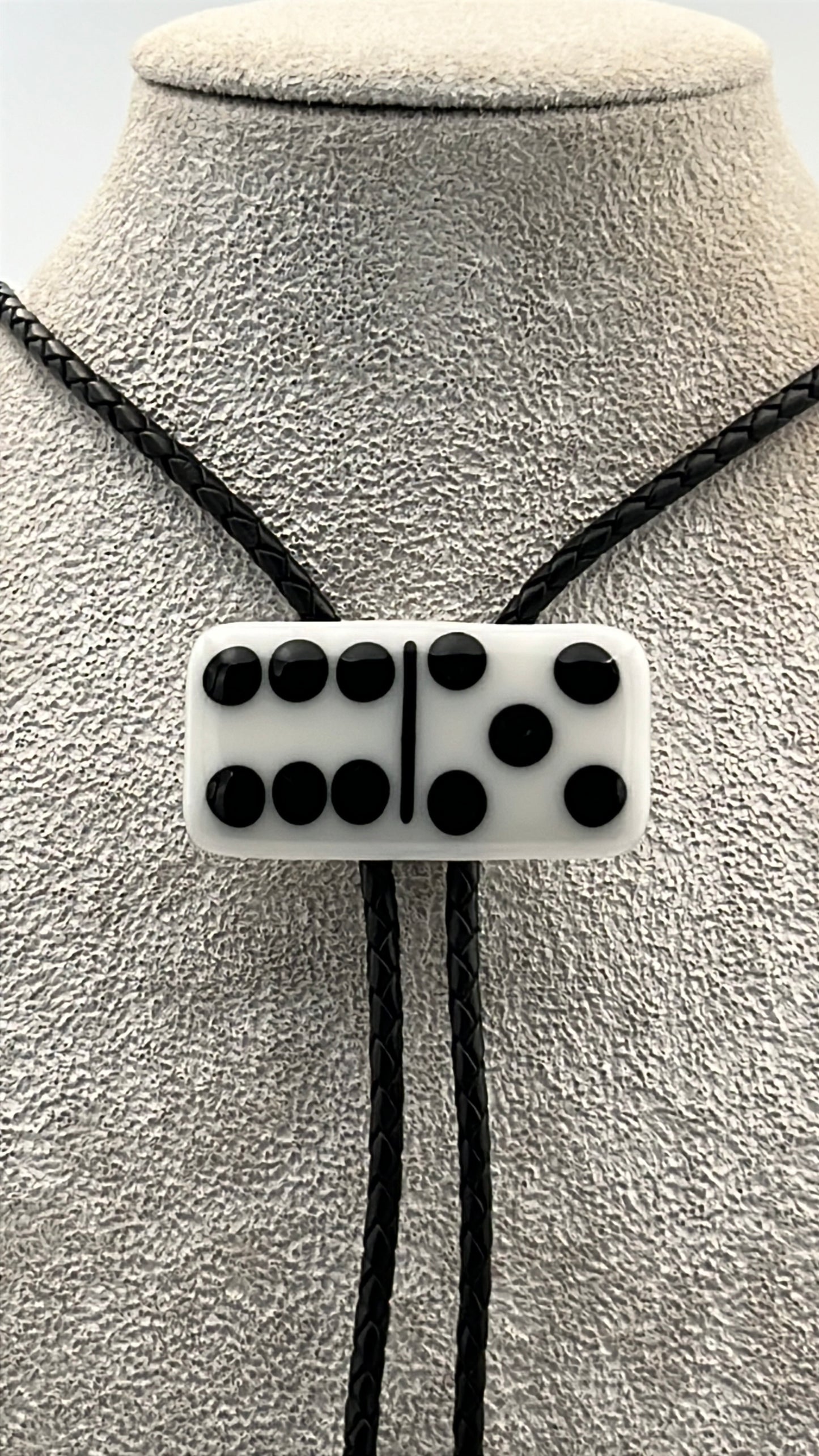 White Fused Glass Domino Bolo Tie with Black Details