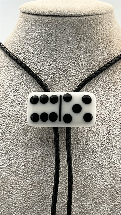 White Fused Glass Domino Bolo Tie with Black Details