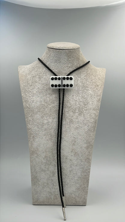 White Fused Glass Domino Bolo Tie with Black Details