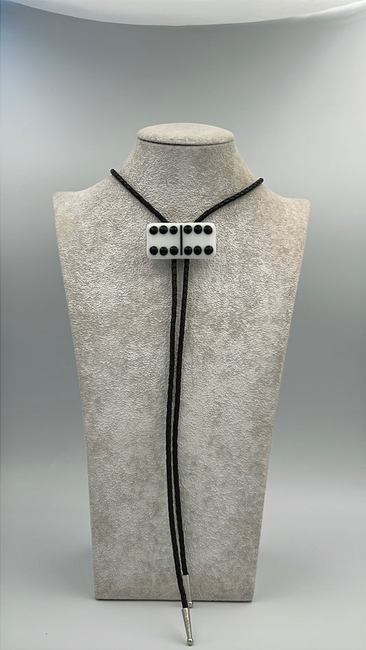 White Fused Glass Domino Bolo Tie with Black Details