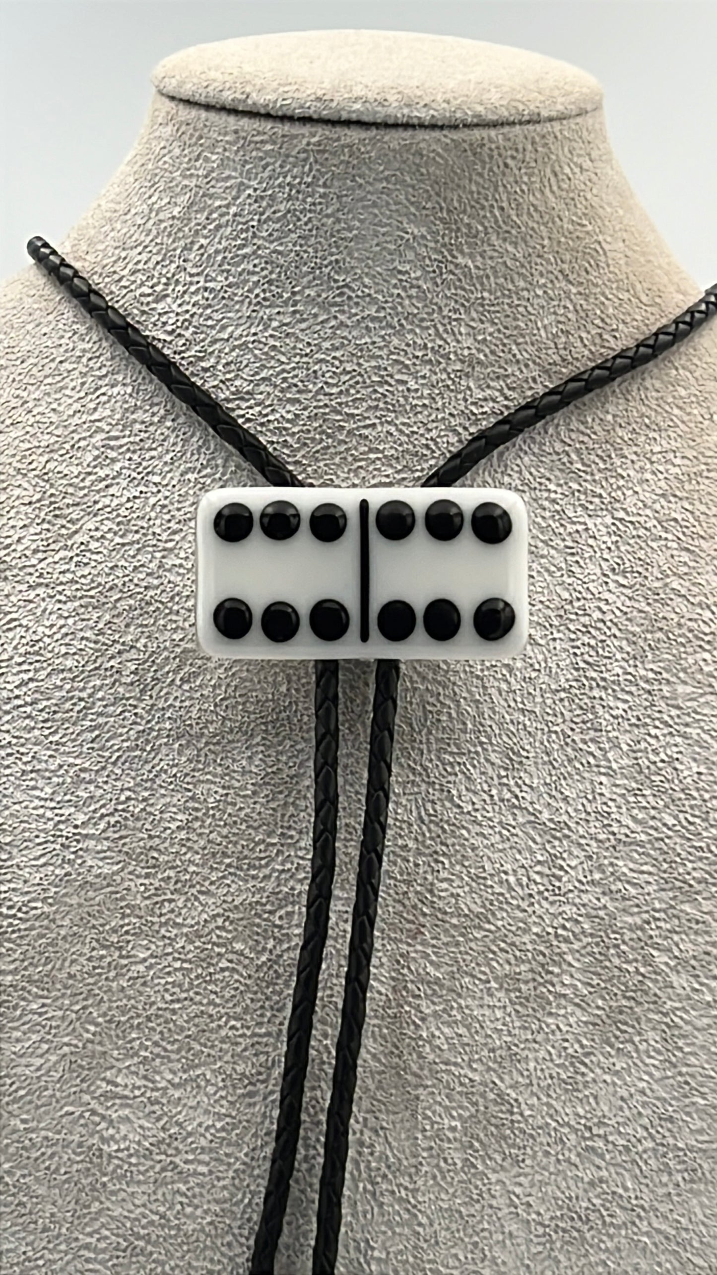 White Fused Glass Domino Bolo Tie with Black Details
