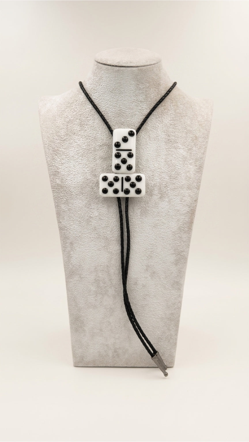 White Fused Glass Domino Bolo Tie with Black Details - 2 Piece