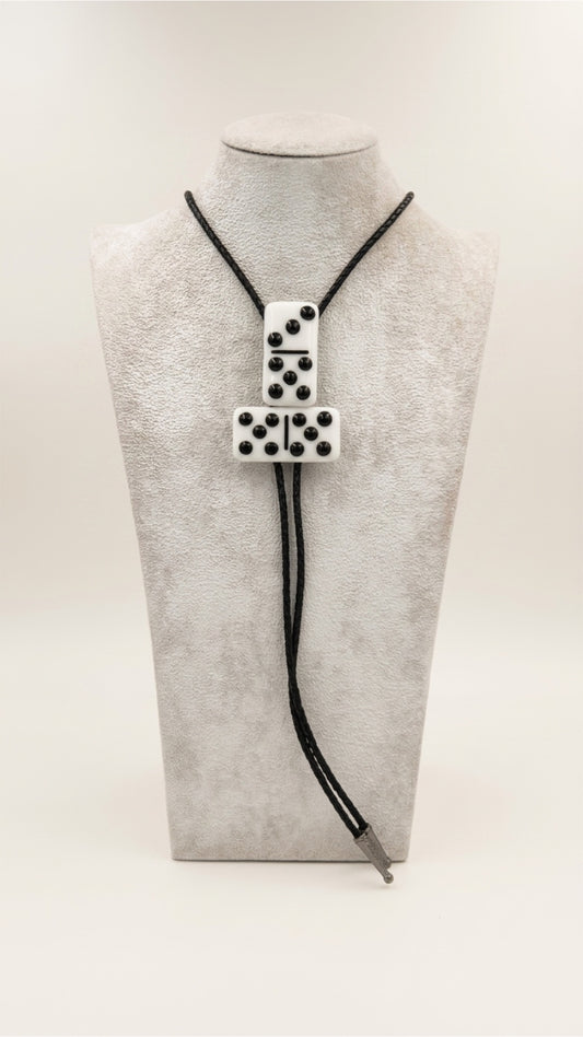 White Fused Glass Domino Bolo Tie with Black Details - 2 Piece