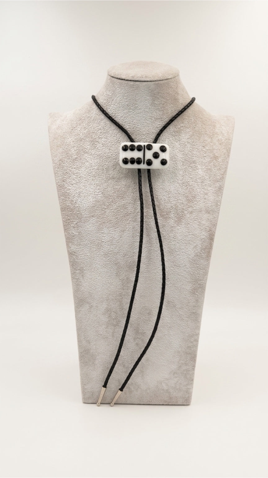 White Fused Glass Domino Bolo Tie with Black Details