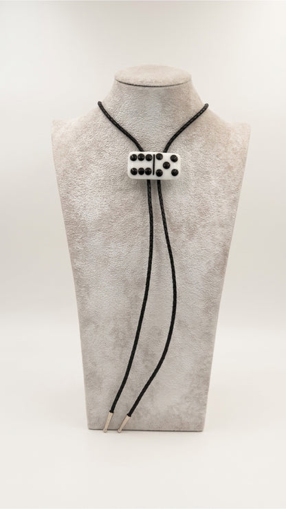 White Fused Glass Domino Bolo Tie with Black Details