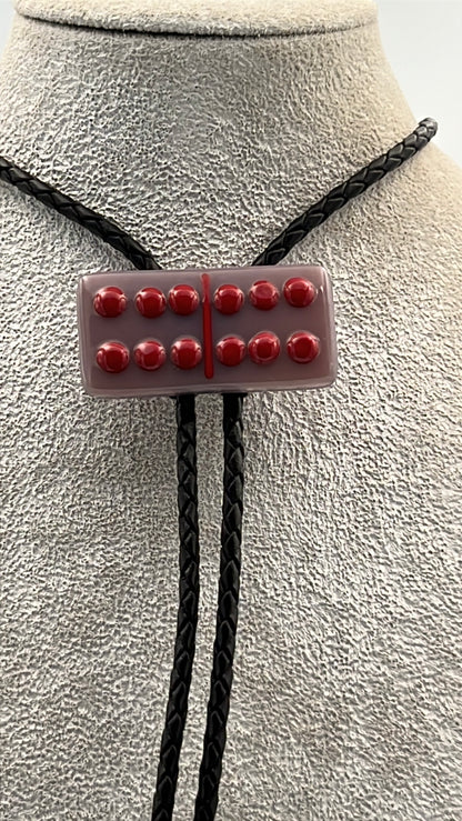 Dusty Lilac Fused Glass Domino Bolo Tie with Red Details