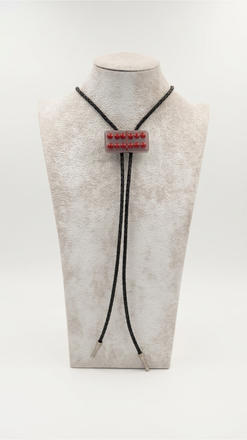 Dusty Lilac Fused Glass Domino Bolo Tie with Red Details