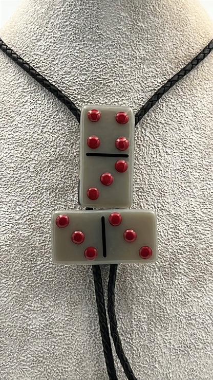 Elephant Gray Fused Glass Domino Bolo Tie with Red/Black Details - 2 Piece