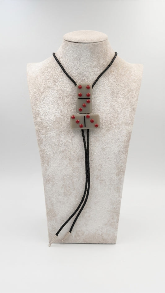 Elephant Gray Fused Glass Domino Bolo Tie with Red/Black Details - 2 Piece