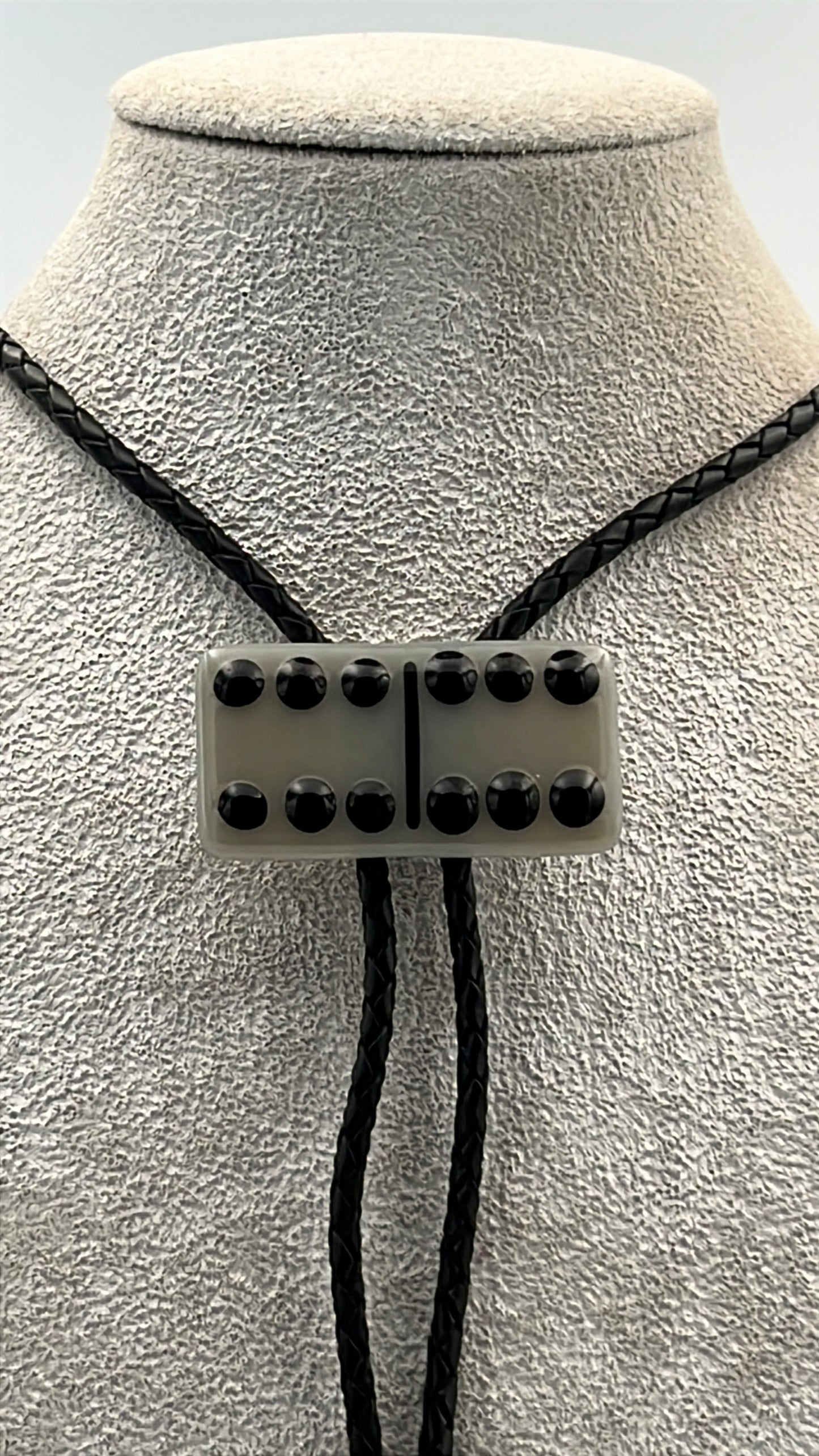 Elephant Grey Fused Glass Domino Bolo Tie with Black Details