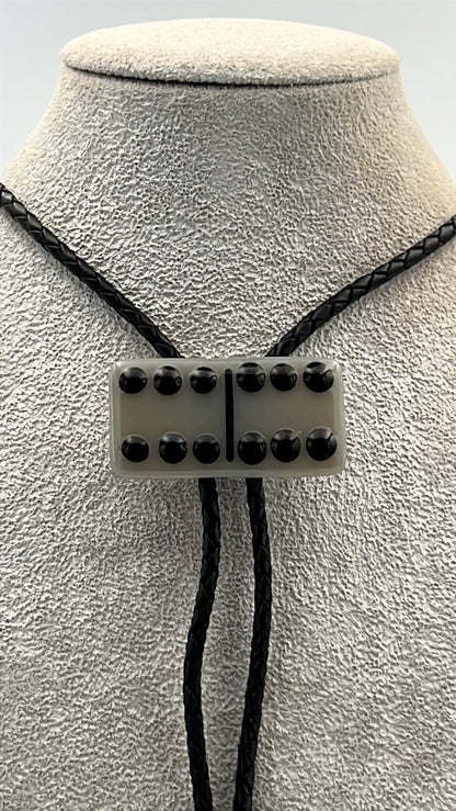 Elephant Grey Fused Glass Domino Bolo Tie with Black Details