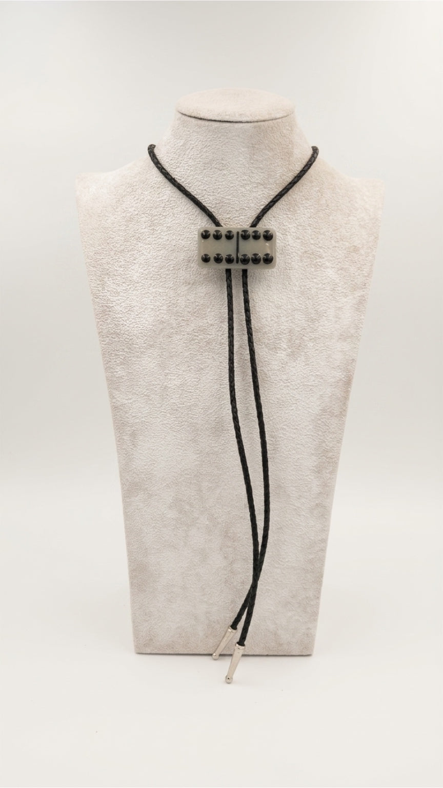 Elephant Grey Fused Glass Domino Bolo Tie with Black Details