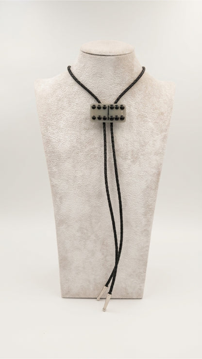 Elephant Grey Fused Glass Domino Bolo Tie with Black Details