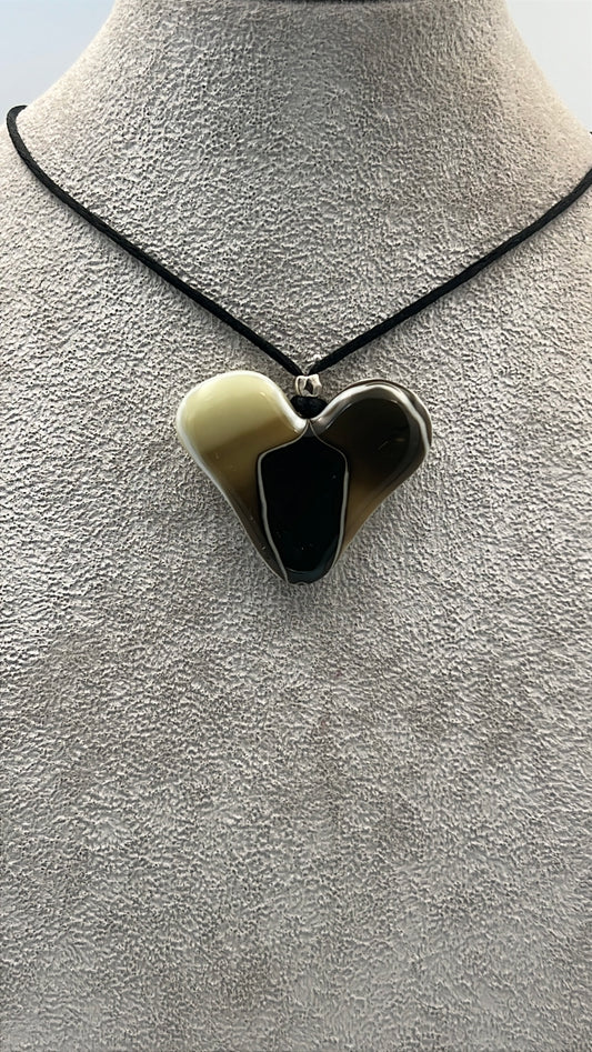 French Vanilla/Brown Mix Fused Glass Heart Pendant