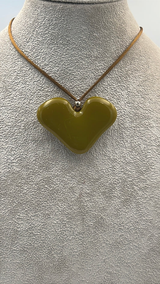 Golden Green Fused Glass Heart Pendant