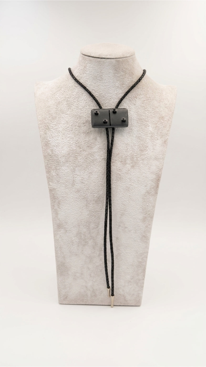 Gunpowder Fused Glass Domino Bolo Tie with Black Details