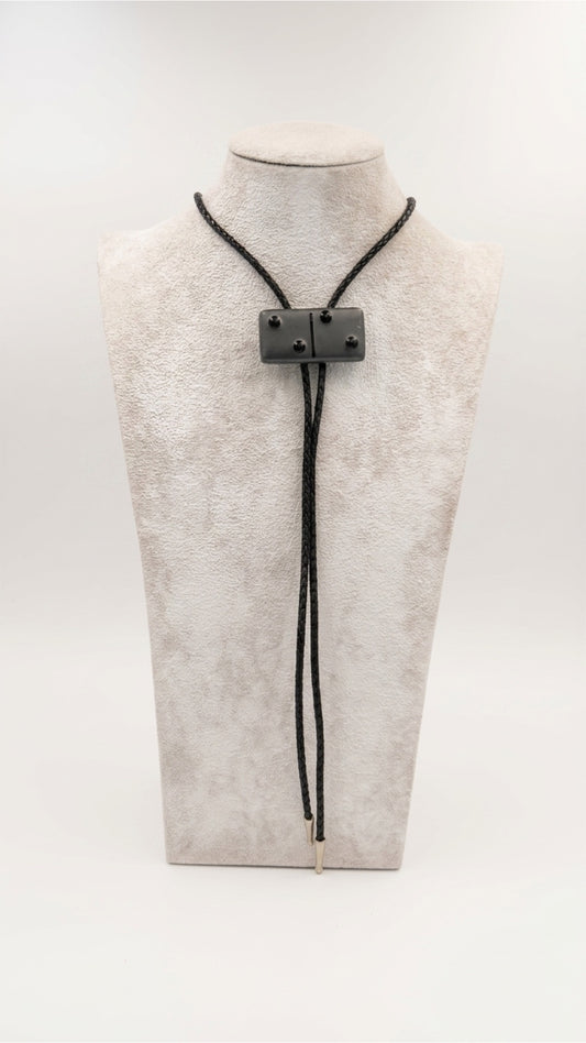 Gunpowder Fused Glass Domino Bolo Tie with Black Details