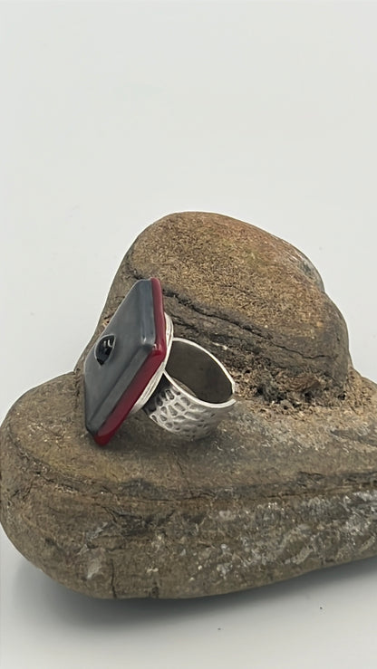 Gunpowder Fused Glass Adjustable Number Ring with Black Details