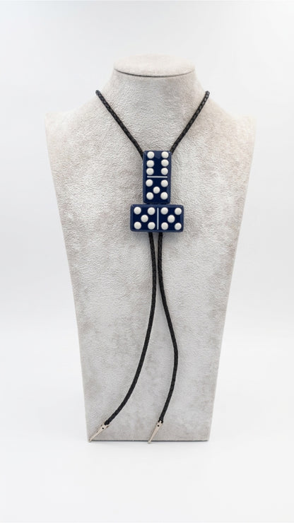 Indigo Blue Fused Glass Domino Bolo Tie with French Vanilla Details - 2 Piece