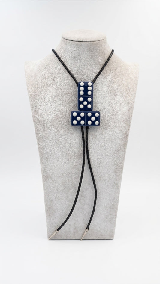 Indigo Blue Fused Glass Domino Bolo Tie with French Vanilla Details - 2 Piece