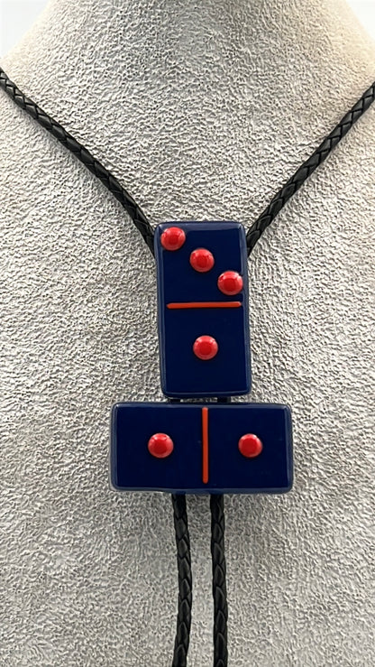 Indigo Blue Fused Glass Domino Bolo Tie with Red Details - 2 Piece