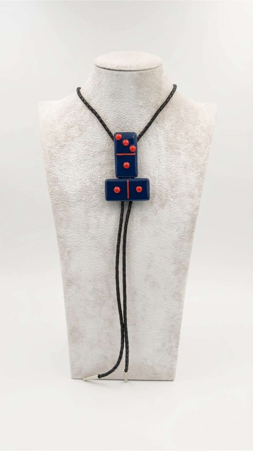 Indigo Blue Fused Glass Domino Bolo Tie with Red Details - 2 Piece