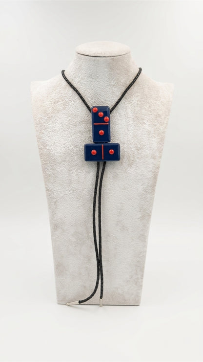 Indigo Blue Fused Glass Domino Bolo Tie with Red Details - 2 Piece