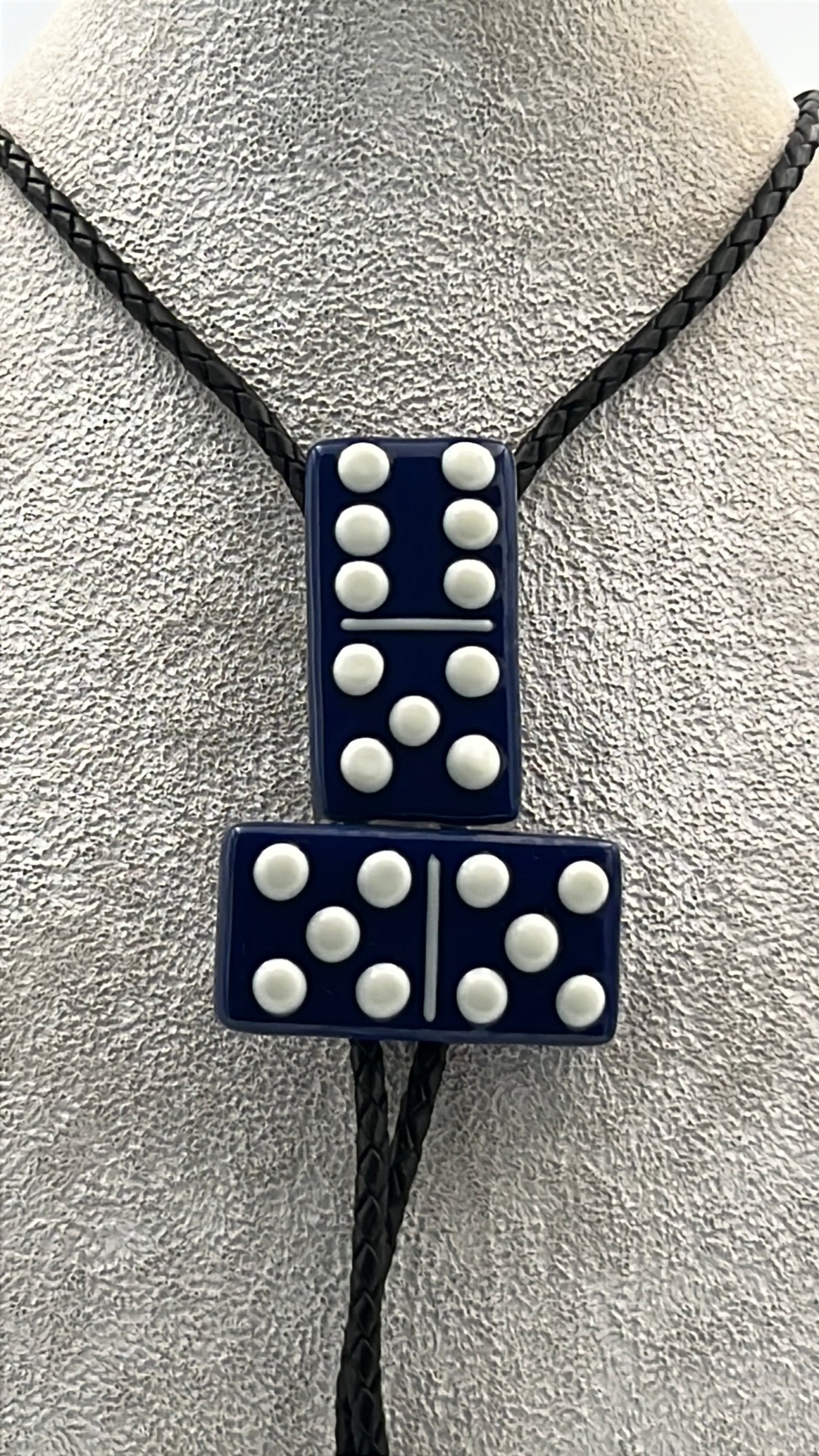 Indigo Blue Fused Glass Domino Bolo Tie with French Vanilla Details - 2 Piece