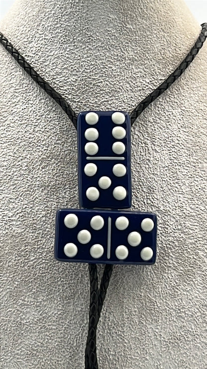 Indigo Blue Fused Glass Domino Bolo Tie with French Vanilla Details - 2 Piece