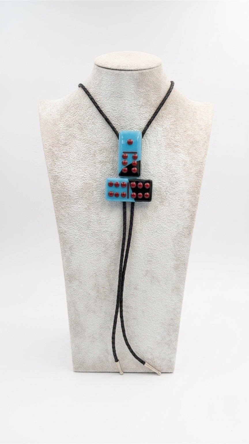 Light Cyan/Black Mix Fused Glass Domino Bolo Tie with Red Details - 2 Piece