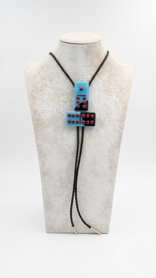 Light Cyan/Black Mix Fused Glass Domino Bolo Tie with Red Details - 2 Piece