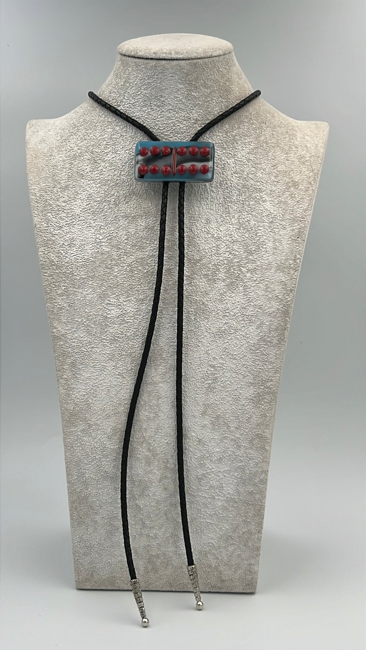 Light Cyan/Black/White Mix Fused Glass Domino Bolo Tie with Red Details